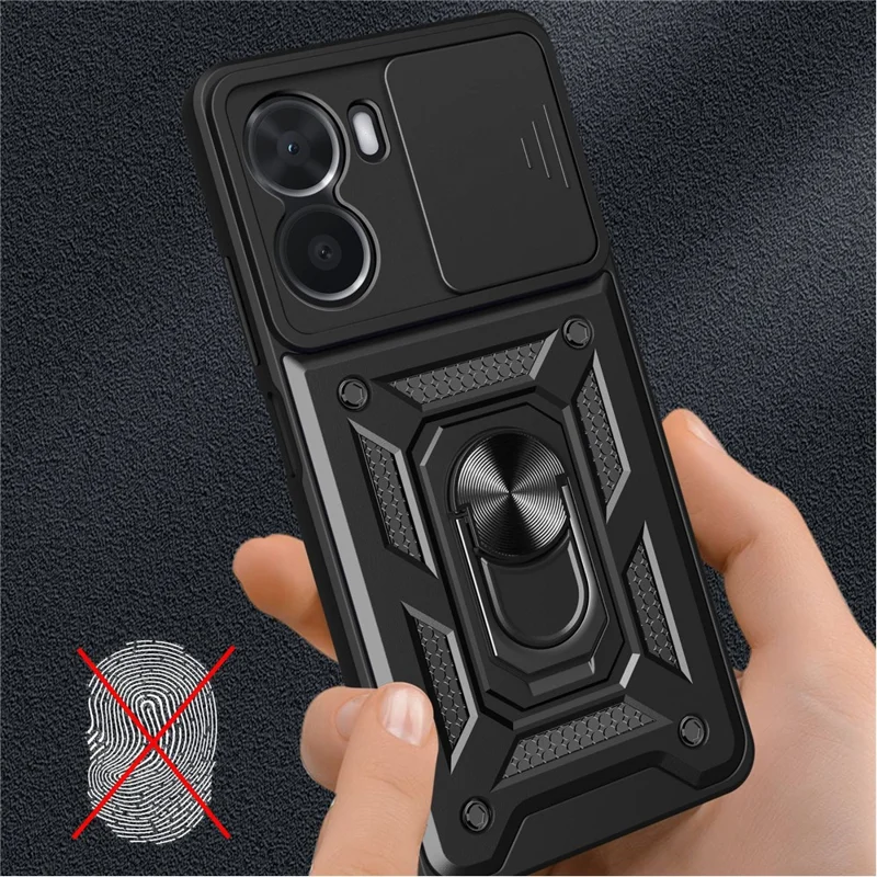 For vivo Y16 4G PC + TPU Hybrid Cover with Ring Kickstand Phone Case with Slide Camera Protector - Blue