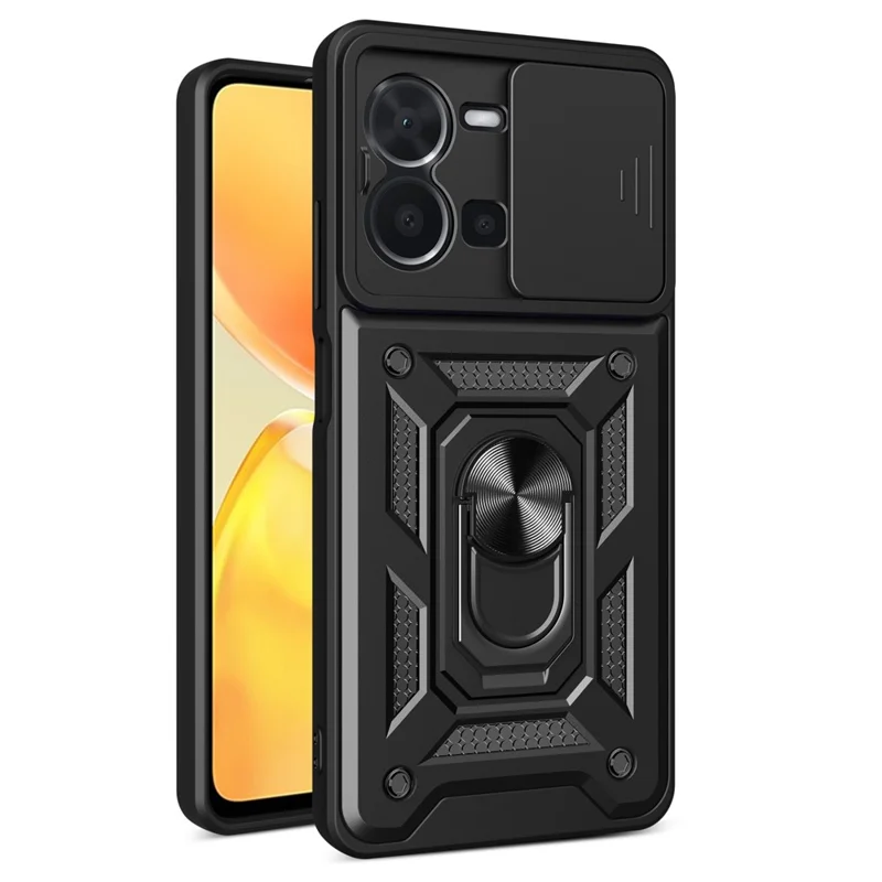 For vivo Y35 4G (2022) Drop Proof PC + TPU Hybrid Cover with Ring Kickstand Phone Case with Slide Camera Protector - Black