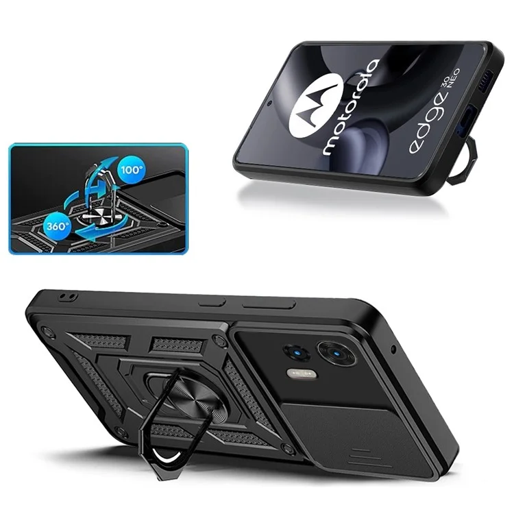 Per Motorola Edge 30 Neo 5G / Edge 30 Lite Custodia ibrida in PC + TPU con anello e supporto Kickstand Custodia per telefono con protezione per la fotocamera scorrevole - Argento