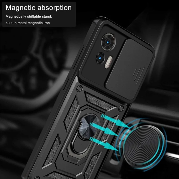 Per Motorola Edge 30 Neo 5G / Edge 30 Lite Custodia ibrida in PC + TPU con anello e supporto Kickstand Custodia per telefono con protezione per la fotocamera scorrevole - Argento