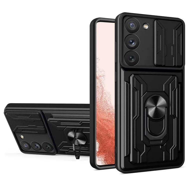 Для Samsung Galaxy S23+ Card Holder Design Magnetic Ring Kickstand Anti-fall Phone Case PC + TPU Hybrid Phone Protector with Slide Camera Cover - Black