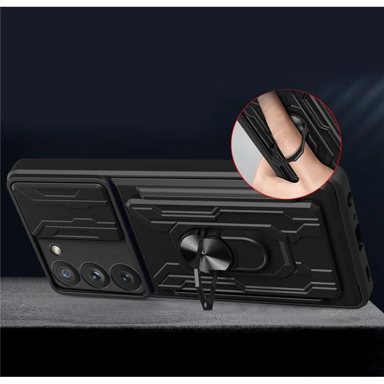 Для Samsung Galaxy S23+ Card Holder Design Magnetic Ring Kickstand Anti-fall Phone Case PC + TPU Hybrid Phone Protector with Slide Camera Cover - Black