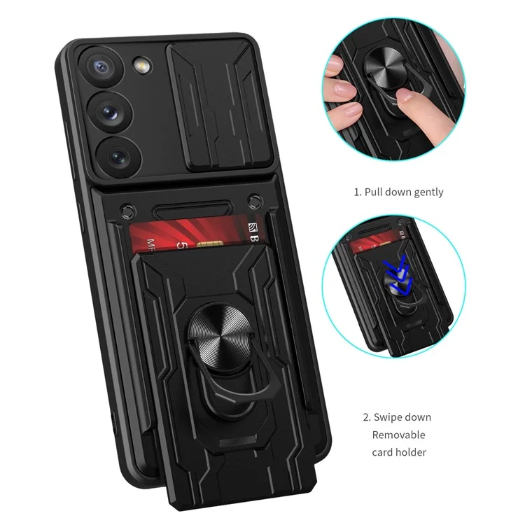 Для Samsung Galaxy S23+ Card Holder Design Magnetic Ring Kickstand Anti-fall Phone Case PC + TPU Hybrid Phone Protector with Slide Camera Cover - Black