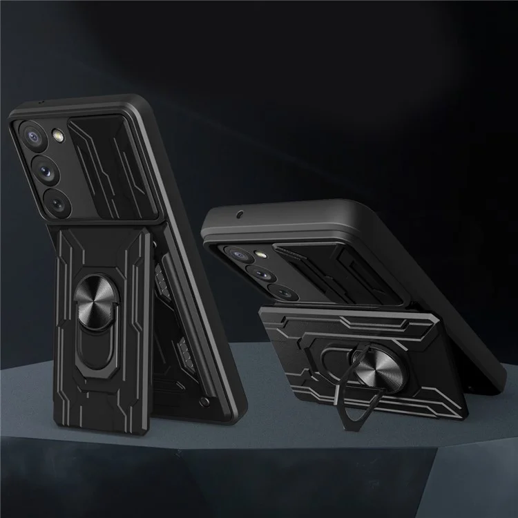 Для Samsung Galaxy S23+ Card Holder Design Magnetic Ring Kickstand Anti-fall Phone Case PC + TPU Hybrid Phone Protector with Slide Camera Cover - Black
