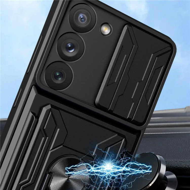 Для Samsung Galaxy S23+ Card Holder Design Magnetic Ring Kickstand Anti-fall Phone Case PC + TPU Hybrid Phone Protector with Slide Camera Cover - Black