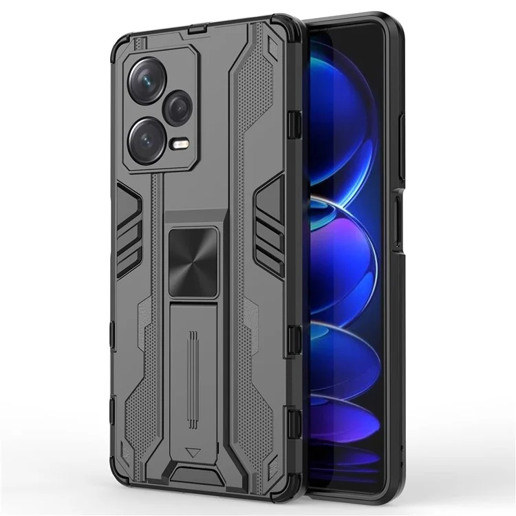 Para Xiaomi Redmi Note 12 Pro+ 5G Soft TPU Hard PC Dual Layer Shock-Absorption Cover Kickstand Anti-Scratch Protective Phone Case - Black