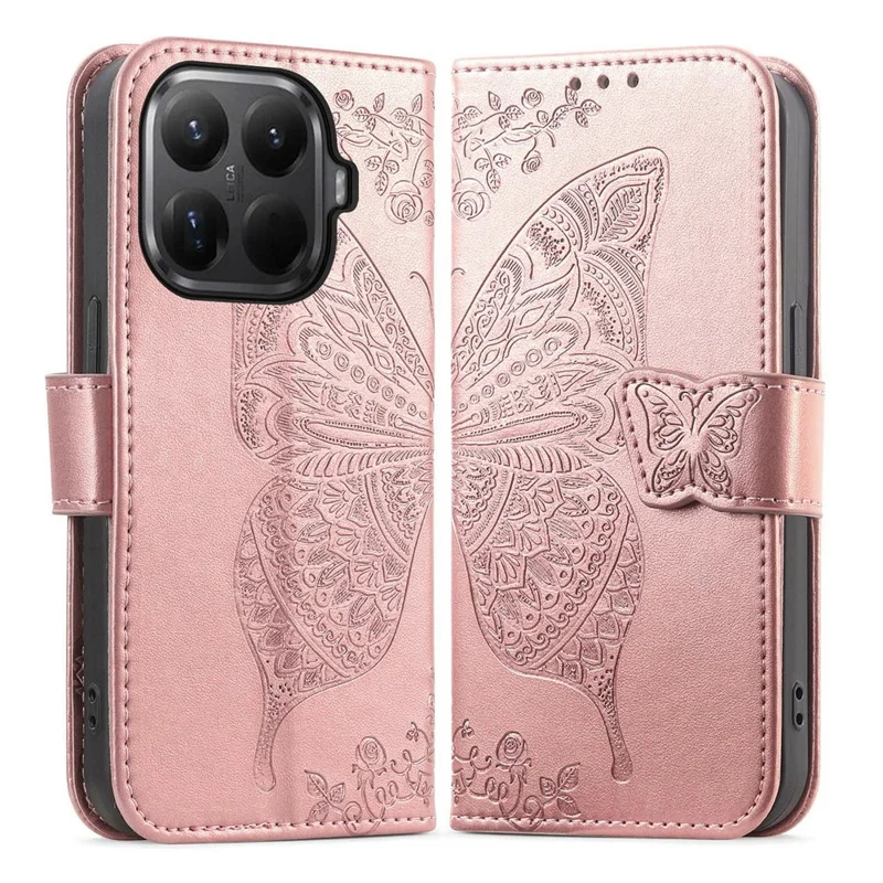 For Xiaomi 15T Pro Case with Strap Butterfly Pattern PU Leather Wallet Phone Cover - Rose Gold