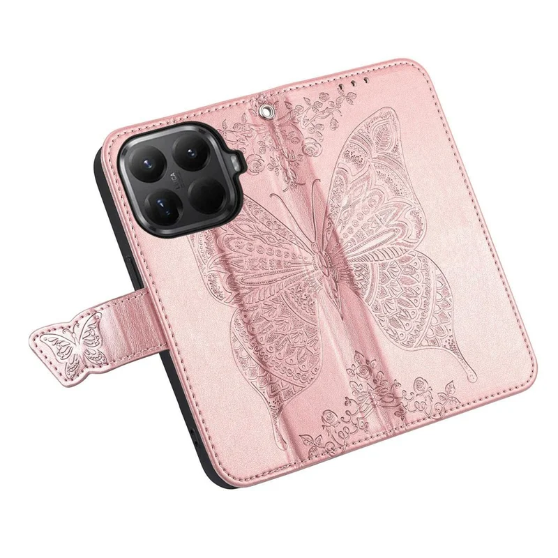 For Xiaomi 15T Pro Case with Strap Butterfly Pattern PU Leather Wallet Phone Cover - Rose Gold