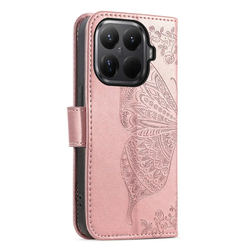 For Xiaomi 15T Pro Case with Strap Butterfly Pattern PU Leather Wallet Phone Cover - Rose Gold