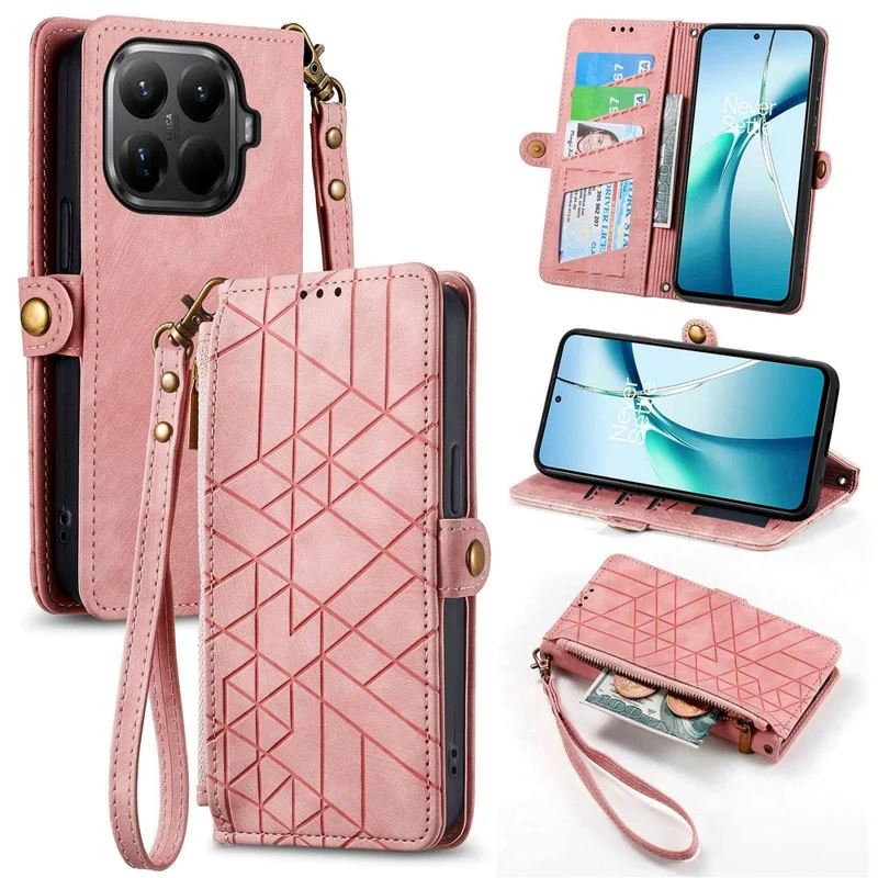 Xiaomi 15T Pro hoesje met ritssluiting portemonnee geometrische lijnen lederen telefoonhoes met handgreep - Roze