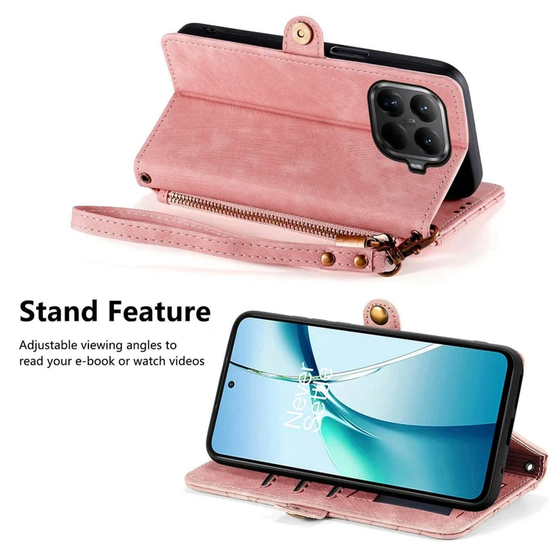 Xiaomi 15T Pro hoesje met ritssluiting portemonnee geometrische lijnen lederen telefoonhoes met handgreep - Roze