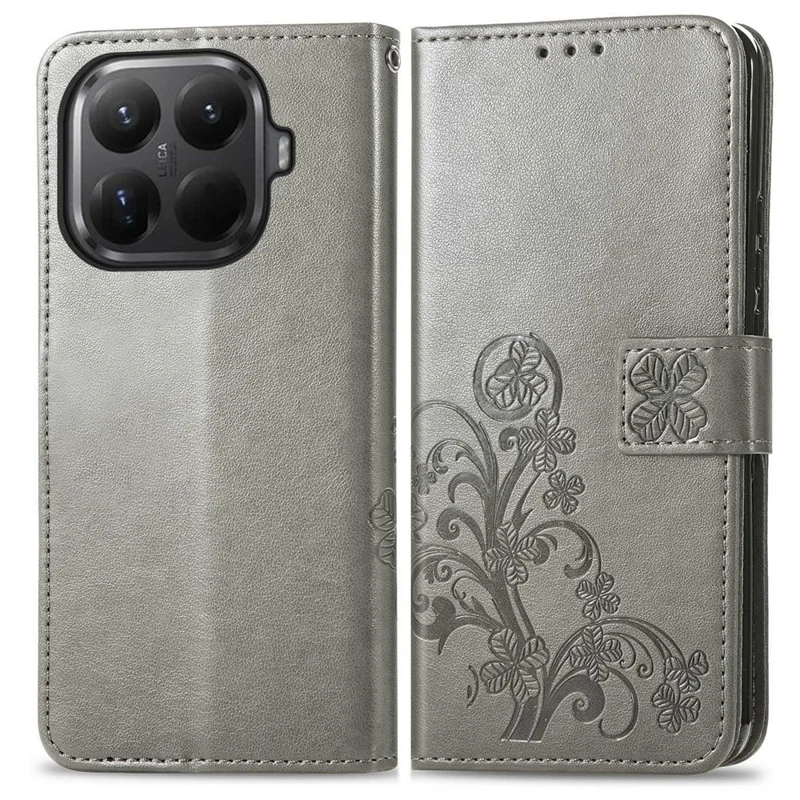 For Xiaomi 15T Pro Leather Case Four-Leaf Clover Wallet Phone Cover - Grey