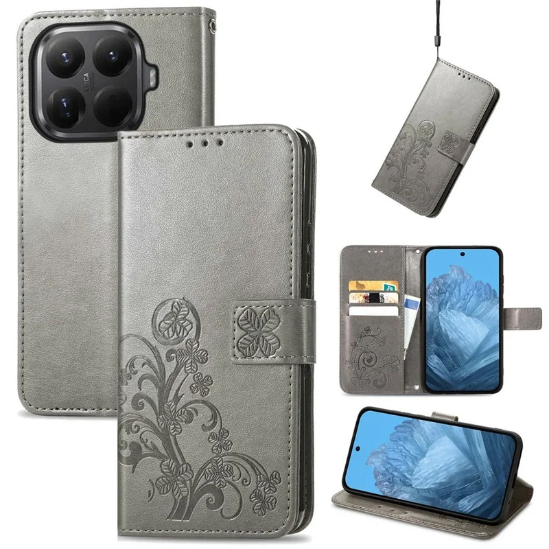For Xiaomi 15T Pro Leather Case Four-Leaf Clover Wallet Phone Cover - Grey