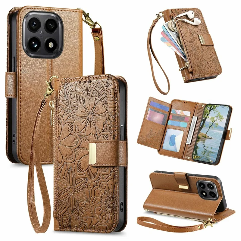 For Xiaomi 15T Case Floral Leaf Pattern Multi Card Slots Zipper Leather Phone Cover with Wrist Strap - Brown