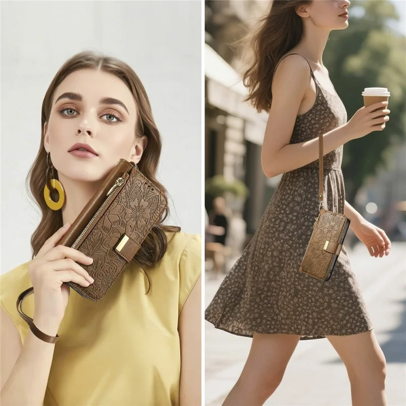 For Xiaomi 15T Case Floral Leaf Pattern Multi Card Slots Zipper Leather Phone Cover with Wrist Strap - Brown