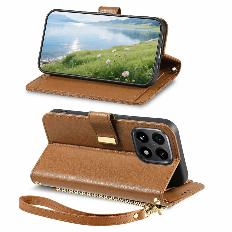 For Xiaomi 15T Case Floral Leaf Pattern Multi Card Slots Zipper Leather Phone Cover with Wrist Strap - Brown