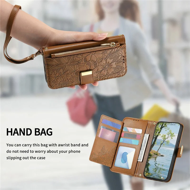 For Xiaomi 15T Case Floral Leaf Pattern Multi Card Slots Zipper Leather Phone Cover with Wrist Strap - Brown