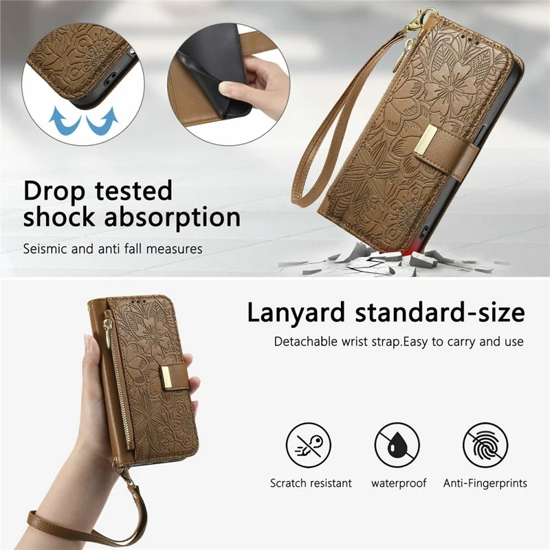 For Xiaomi 15T Case Floral Leaf Pattern Multi Card Slots Zipper Leather Phone Cover with Wrist Strap - Brown