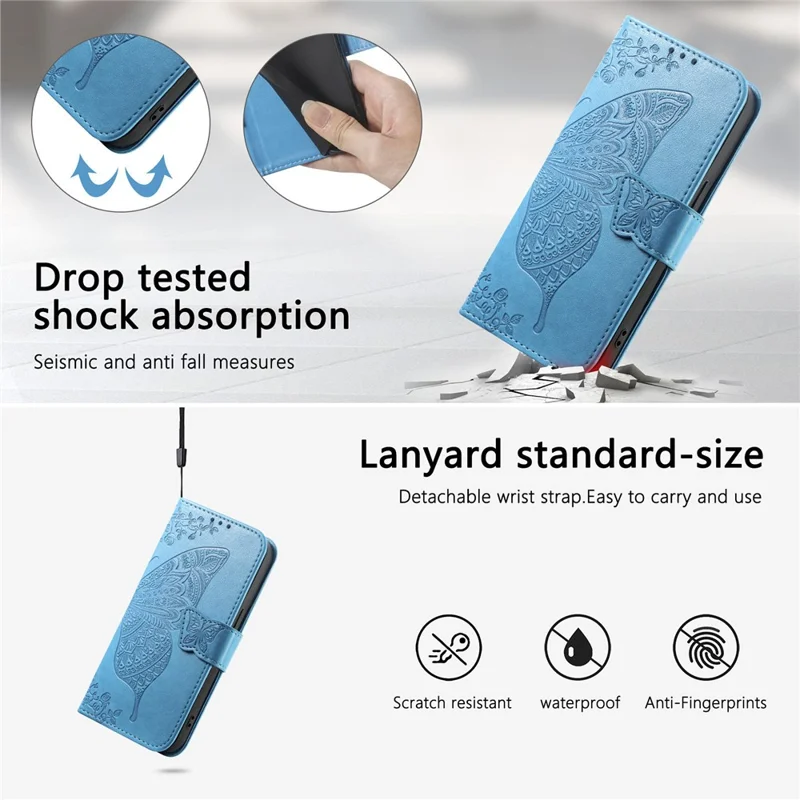 For Xiaomi 15T Case with Strap Butterfly Pattern PU Leather Wallet Phone Cover - Blue
