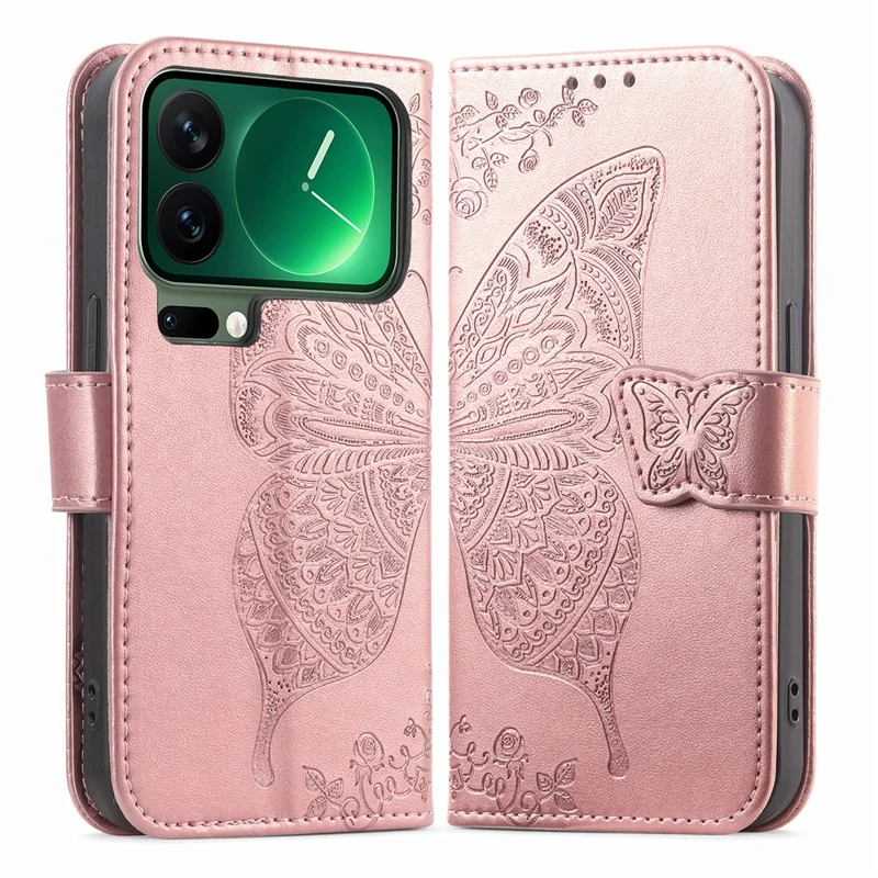 Capa Xiaomi 17 Pro com Alça Padrão Borboleta Capa de Couro PU - Rose Gold