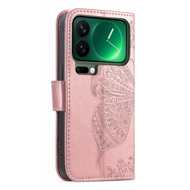 Capa Xiaomi 17 Pro com Alça Padrão Borboleta Capa de Couro PU - Rose Gold