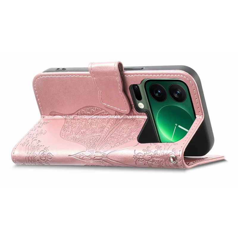 Capa Xiaomi 17 Pro com Alça Padrão Borboleta Capa de Couro PU - Rose Gold