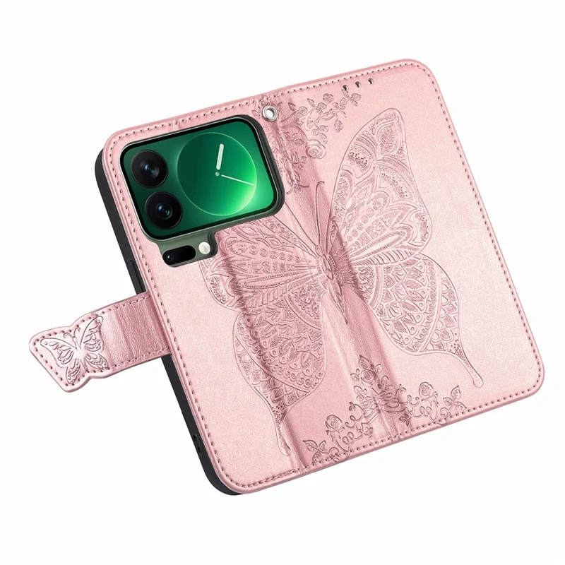 Capa Xiaomi 17 Pro com Alça Padrão Borboleta Capa de Couro PU - Rose Gold