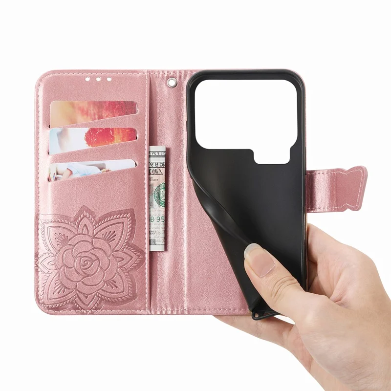 Capa Xiaomi 17 Pro com Alça Padrão Borboleta Capa de Couro PU - Rose Gold
