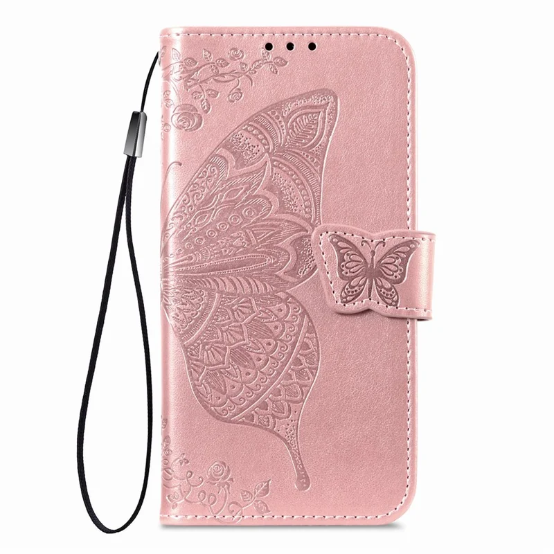 Capa Xiaomi 17 Pro com Alça Padrão Borboleta Capa de Couro PU - Rose Gold