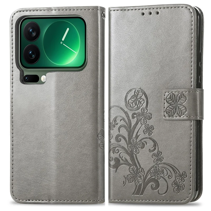 For Xiaomi 17 Pro Leather Case Four-Leaf Clover Wallet Phone Cover - Grey