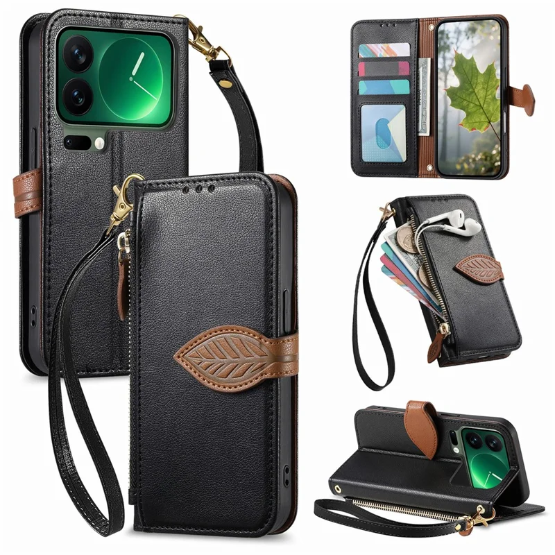 For Xiaomi 17 Pro Max Stand Case Leaf Shape Magnetic Clasp Leather Phone Cover with Hand Strap - Black