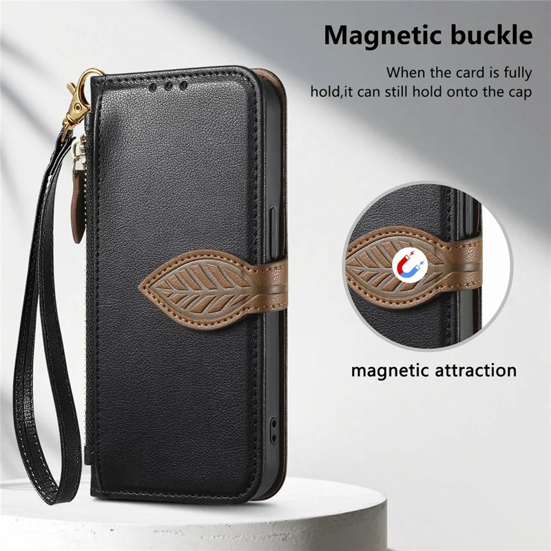 For Xiaomi 17 Pro Max Stand Case Leaf Shape Magnetic Clasp Leather Phone Cover with Hand Strap - Black
