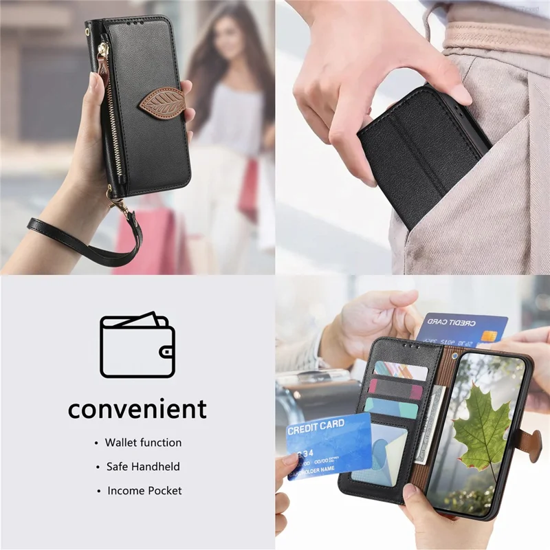 For Xiaomi 17 Pro Max Stand Case Leaf Shape Magnetic Clasp Leather Phone Cover with Hand Strap - Black