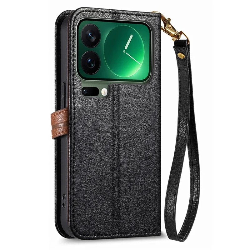 For Xiaomi 17 Pro Max Stand Case Leaf Shape Magnetic Clasp Leather Phone Cover with Hand Strap - Black