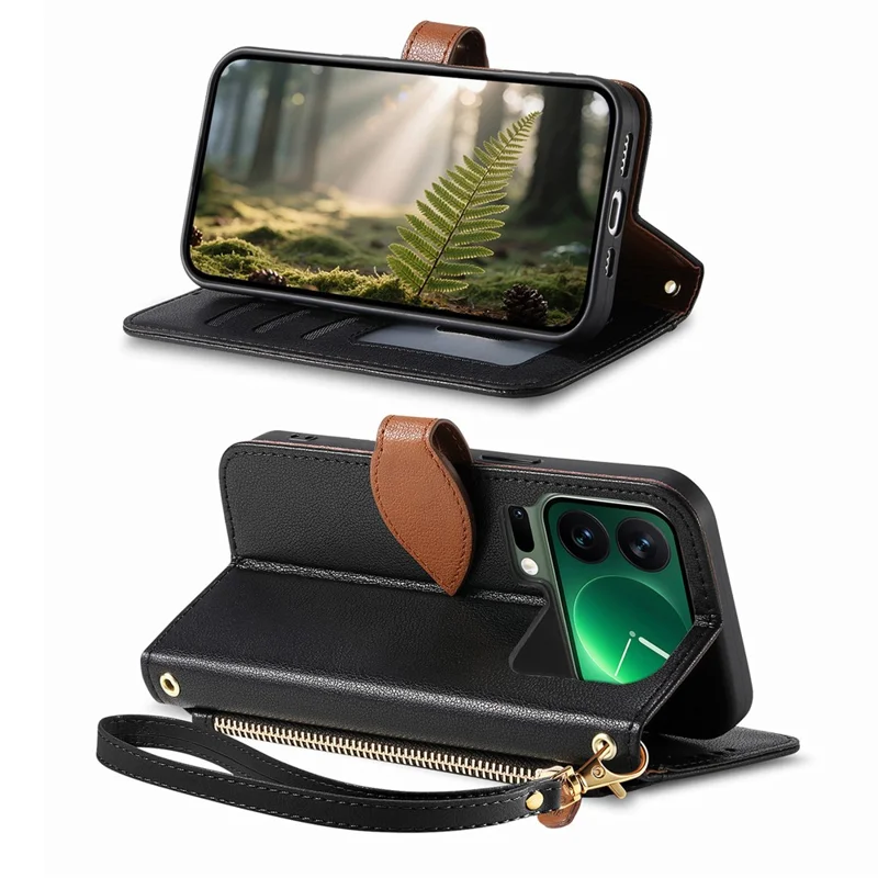 For Xiaomi 17 Pro Max Stand Case Leaf Shape Magnetic Clasp Leather Phone Cover with Hand Strap - Black