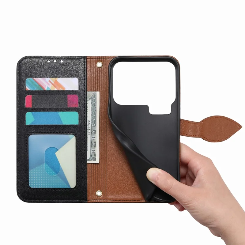 For Xiaomi 17 Pro Max Stand Case Leaf Shape Magnetic Clasp Leather Phone Cover with Hand Strap - Black