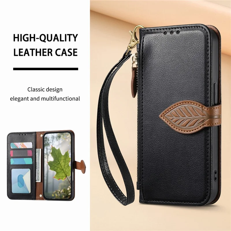 For Xiaomi 17 Pro Max Stand Case Leaf Shape Magnetic Clasp Leather Phone Cover with Hand Strap - Black