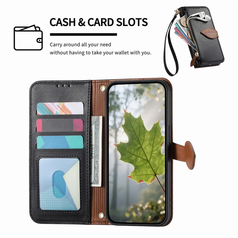 For Xiaomi 17 Pro Max Stand Case Leaf Shape Magnetic Clasp Leather Phone Cover with Hand Strap - Black