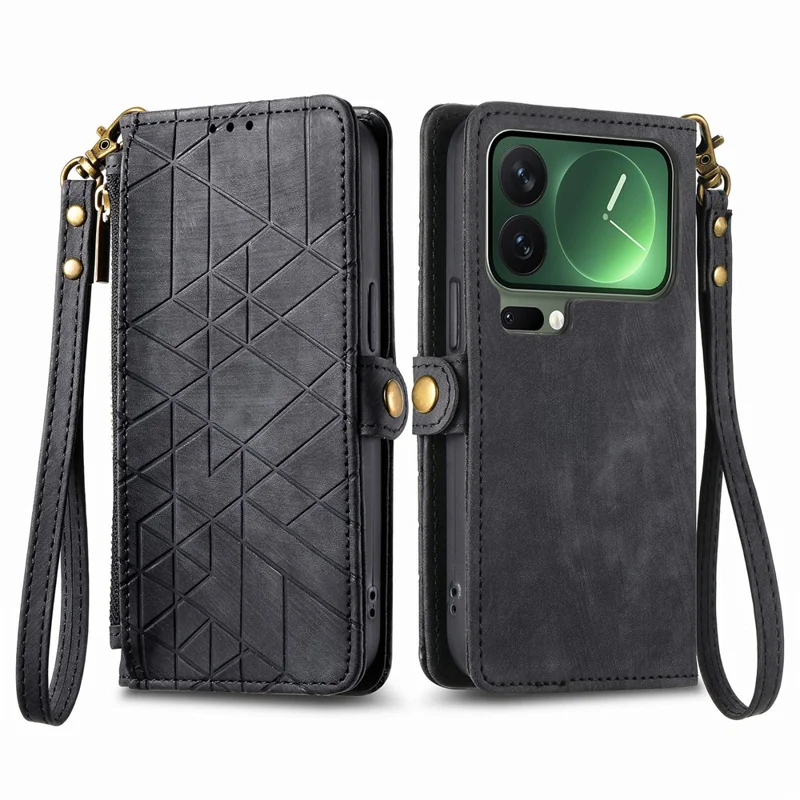 For Xiaomi 17 Pro Max Case Zipper Wallet Geometry Lines Leather Phone Cover with Strap - Black