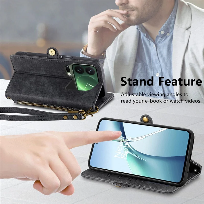 For Xiaomi 17 Pro Max Case Zipper Wallet Geometry Lines Leather Phone Cover with Strap - Black