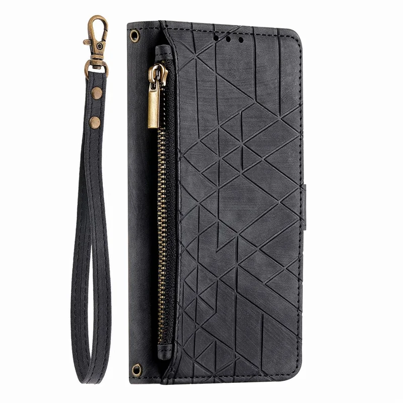 For Xiaomi 17 Pro Max Case Zipper Wallet Geometry Lines Leather Phone Cover with Strap - Black