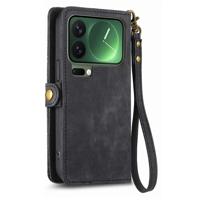 For Xiaomi 17 Pro Max Case Zipper Wallet Geometry Lines Leather Phone Cover with Strap - Black