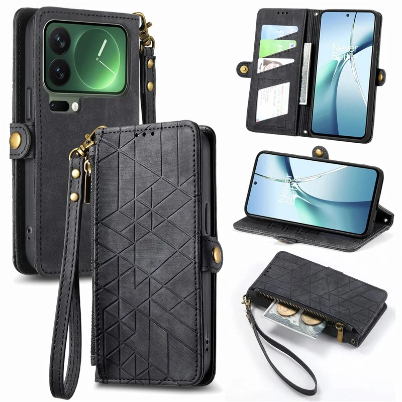 For Xiaomi 17 Pro Max Case Zipper Wallet Geometry Lines Leather Phone Cover with Strap - Black