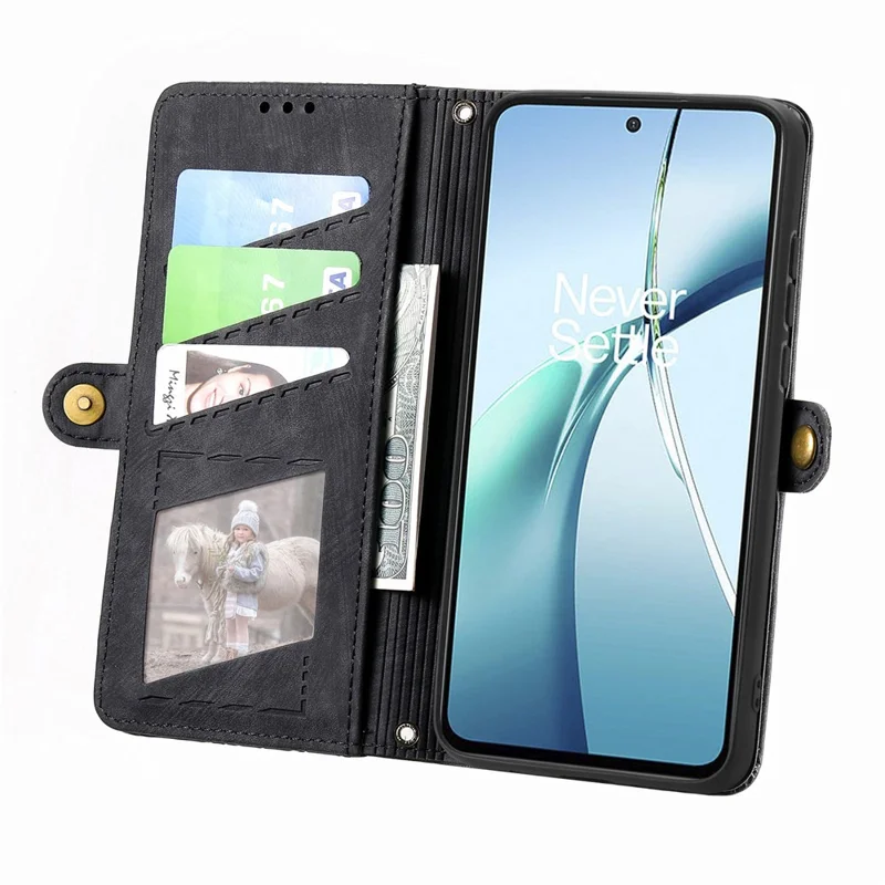 For Xiaomi 17 Pro Max Case Zipper Wallet Geometry Lines Leather Phone Cover with Strap - Black