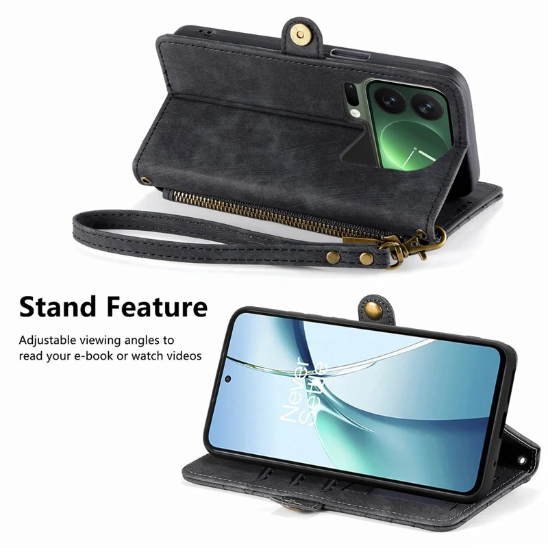 For Xiaomi 17 Pro Max Case Zipper Wallet Geometry Lines Leather Phone Cover with Strap - Black