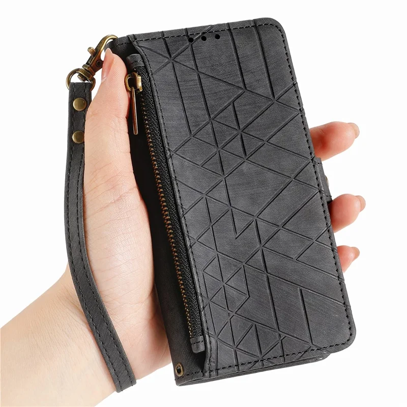 For Xiaomi 17 Pro Max Case Zipper Wallet Geometry Lines Leather Phone Cover with Strap - Black