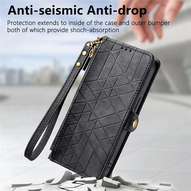 For Xiaomi 17 Pro Max Case Zipper Wallet Geometry Lines Leather Phone Cover with Strap - Black