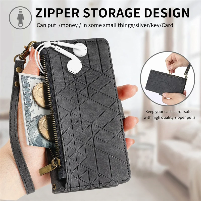 For Xiaomi 17 Pro Max Case Zipper Wallet Geometry Lines Leather Phone Cover with Strap - Black