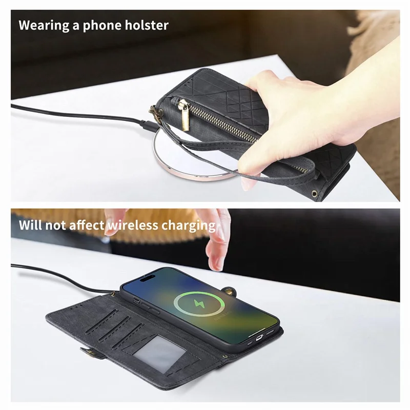 For Xiaomi 17 Pro Max Case Zipper Wallet Geometry Lines Leather Phone Cover with Strap - Black