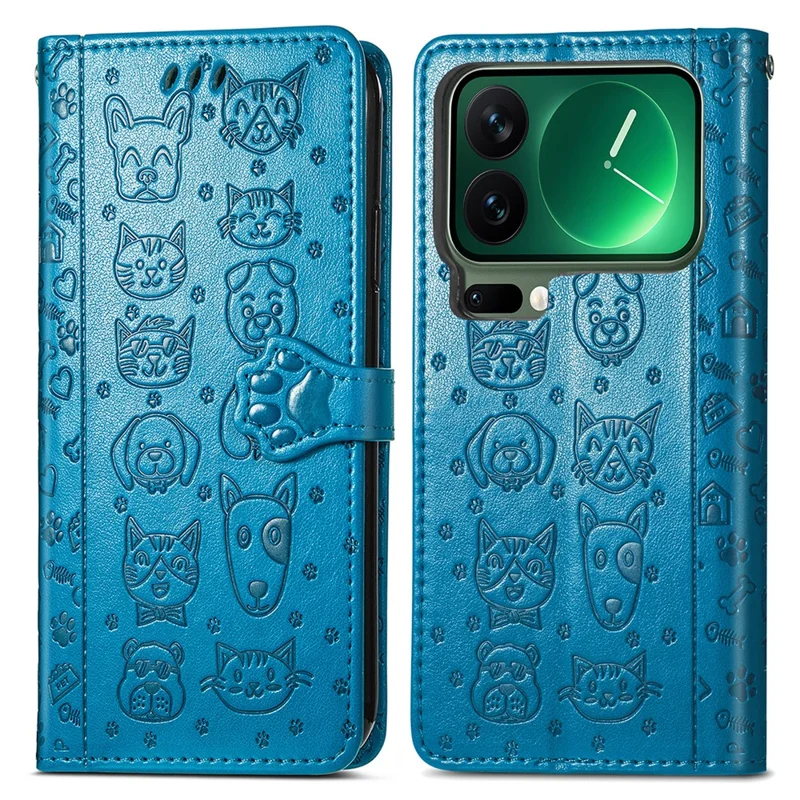 Étui de téléphone à rabat en cuir pour Xiaomi 17 Pro Max avec motif de chat et de chien mignon - Bleu